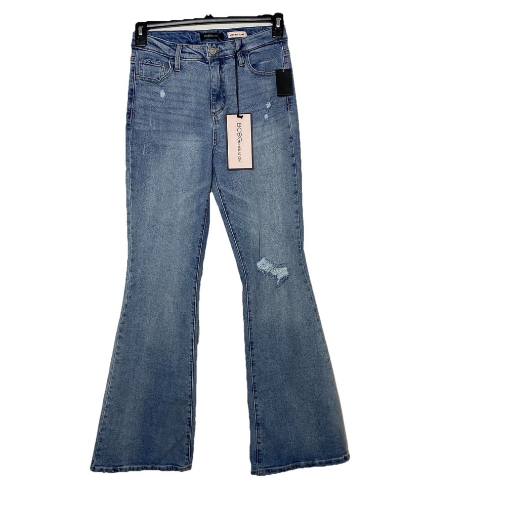 BCBGeneration Jeans Womens 7/28 High Rise Flare Leg Light Wash Distressed